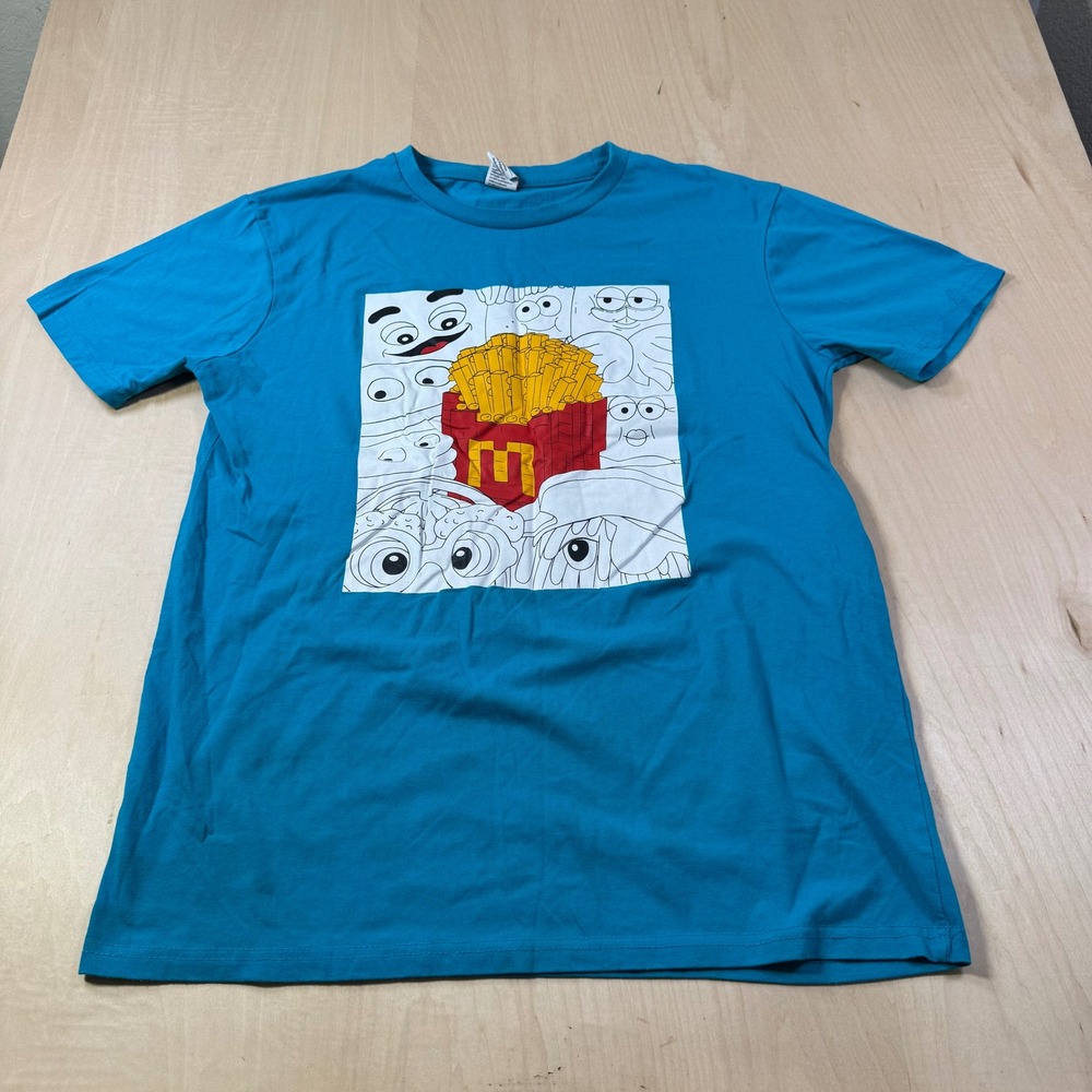 McDonalds Cartoon Graphic T-Shirt Mens Large Foodie Fries Turquoise Blue‎